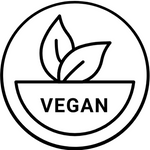 A minimalist black line icon of a plant sprout inside a circle with the word 'VEGAN' written below, centered on a plain white background.