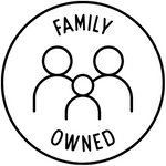 A minimalist black line icon of three people inside a circle with the words 'FAMILY OWNED' on a plain white background.