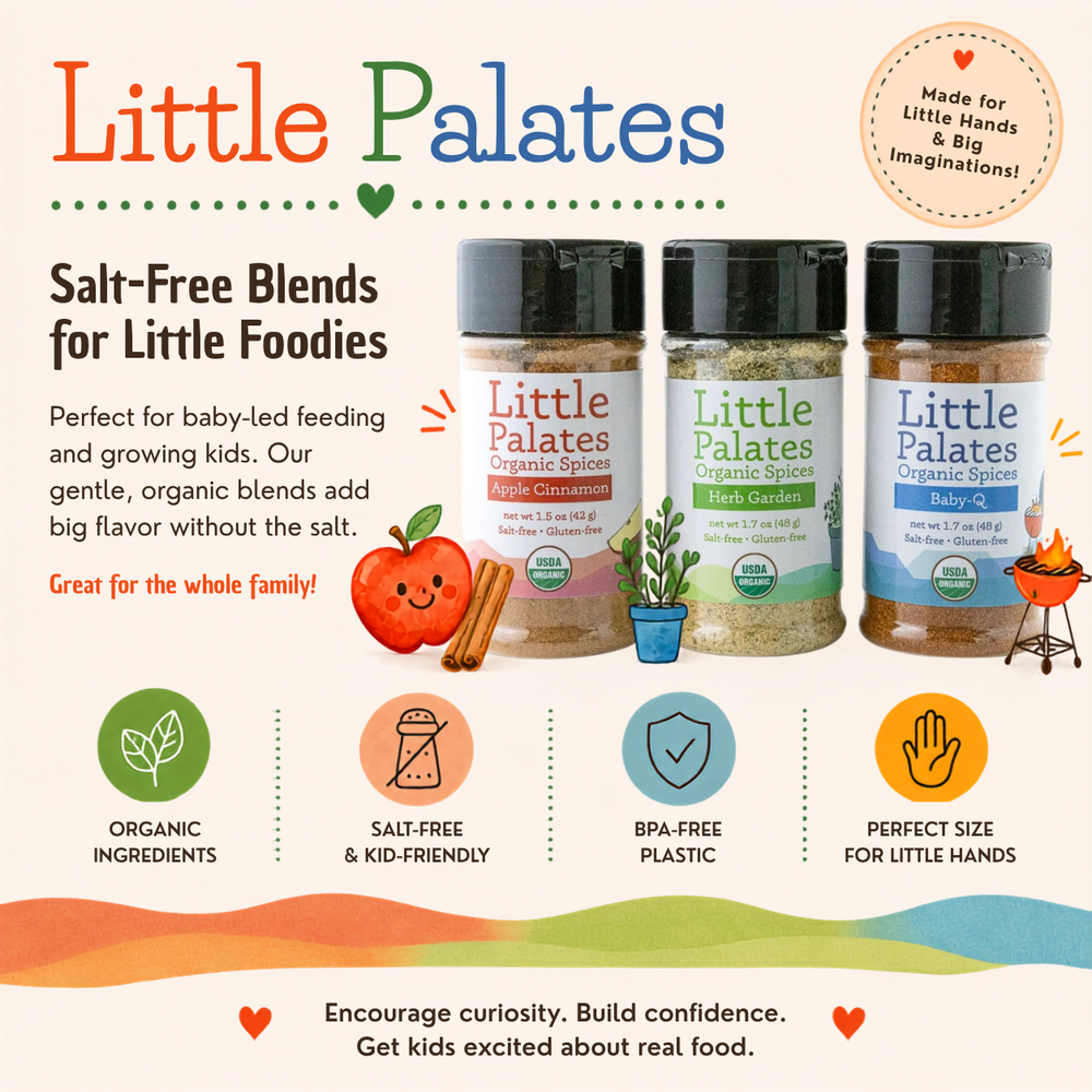 A promotional graphic for Little Palates salt-free organic spice blends for kids, showing four spice jars with colorful labels and icons highlighting product benefits like organic ingredients, salt-free formula, BPA-free plastic, and kid-friendly size.